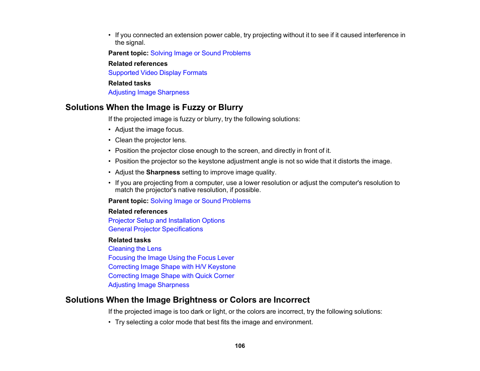 Solutions when the image is fuzzy or blurry | Epson EpiqVision Mini EF11 1000-Lumen Full HD Laser 3LCD Projector User Manual | Page 106 / 138