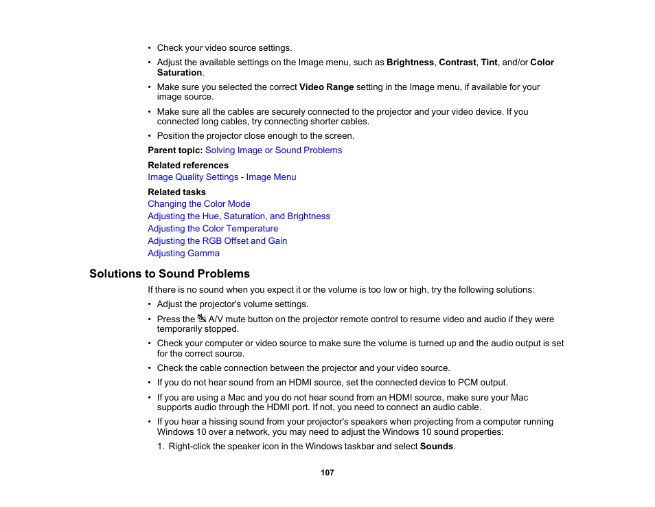 Solutions to sound problems | Epson EpiqVision Mini EF11 1000-Lumen Full HD Laser 3LCD Projector User Manual | Page 107 / 138