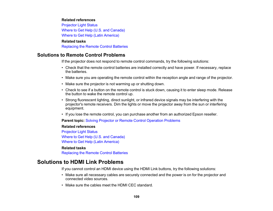Solutions to remote control problems, Solutions to hdmi link problems | Epson EpiqVision Mini EF11 1000-Lumen Full HD Laser 3LCD Projector User Manual | Page 109 / 138