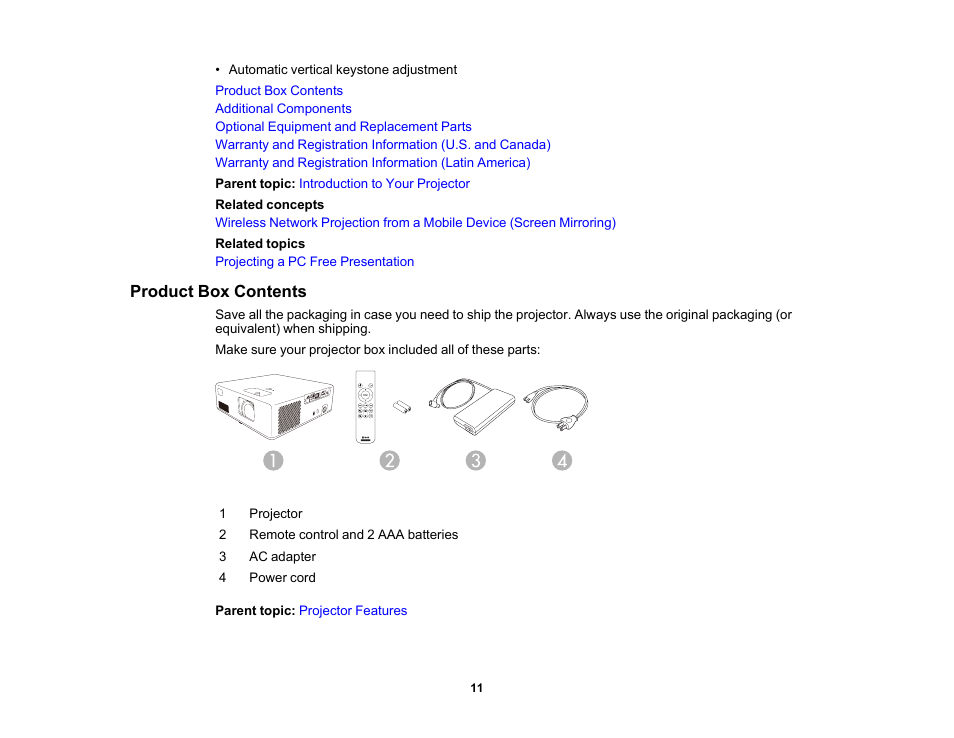 Product box contents | Epson EpiqVision Mini EF11 1000-Lumen Full HD Laser 3LCD Projector User Manual | Page 11 / 138