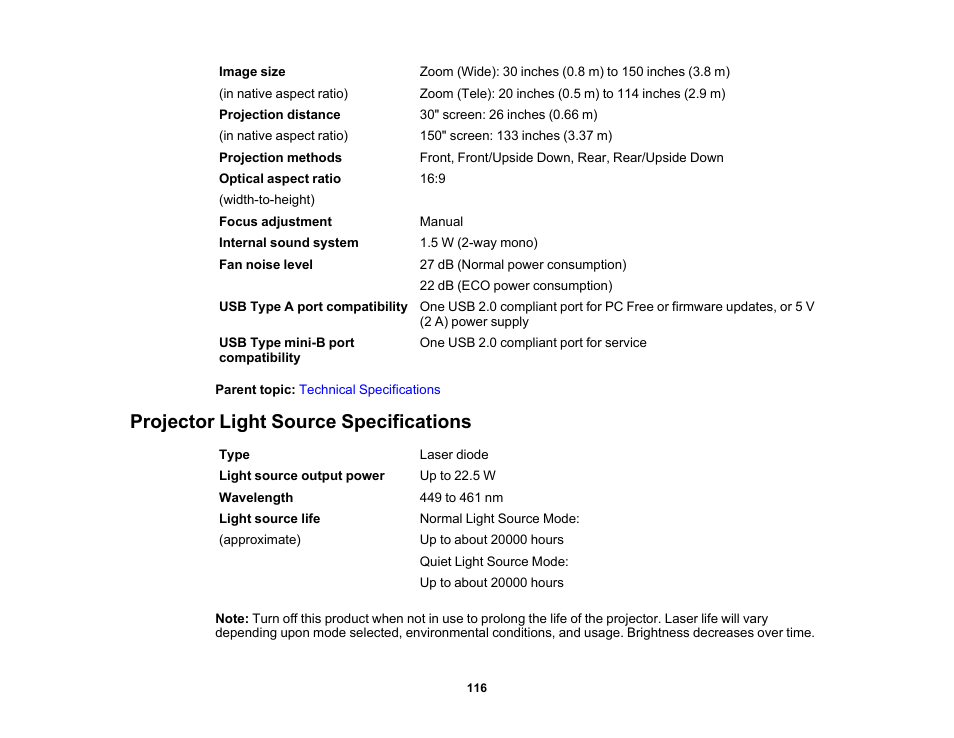 Projector light source specifications | Epson EpiqVision Mini EF11 1000-Lumen Full HD Laser 3LCD Projector User Manual | Page 116 / 138