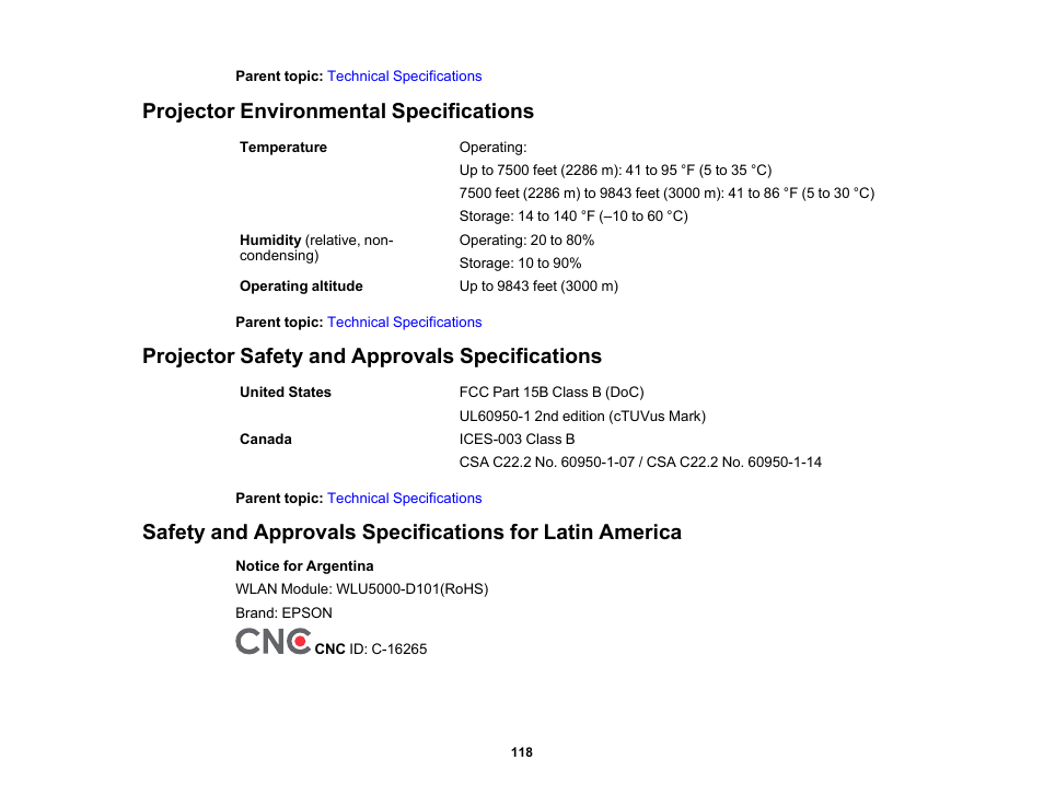 Projector environmental specifications, Projector safety and approvals specifications | Epson EpiqVision Mini EF11 1000-Lumen Full HD Laser 3LCD Projector User Manual | Page 118 / 138