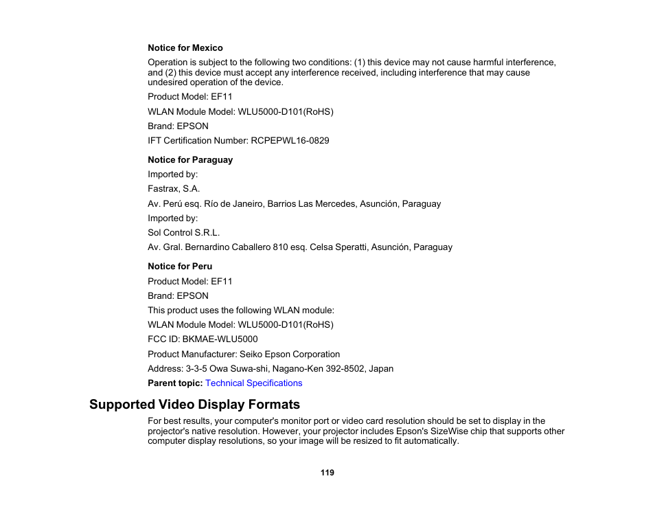 Supported video display formats | Epson EpiqVision Mini EF11 1000-Lumen Full HD Laser 3LCD Projector User Manual | Page 119 / 138