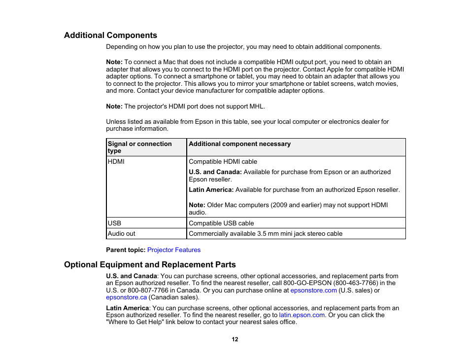 Additional components, Optional equipment and replacement parts | Epson EpiqVision Mini EF11 1000-Lumen Full HD Laser 3LCD Projector User Manual | Page 12 / 138