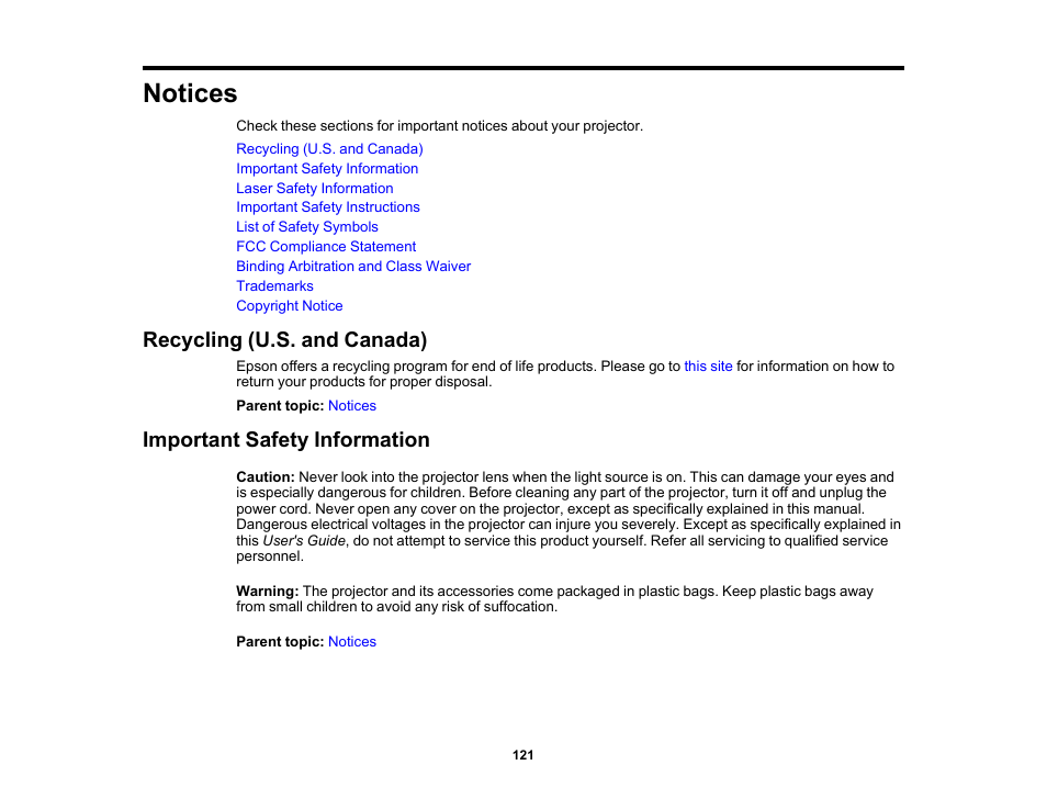 Notices, Recycling (u.s. and canada), Important safety information | Epson EpiqVision Mini EF11 1000-Lumen Full HD Laser 3LCD Projector User Manual | Page 121 / 138