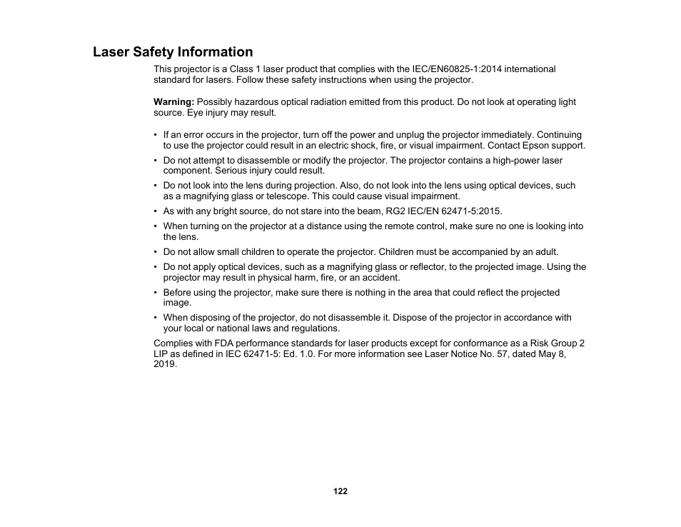 Laser safety information | Epson EpiqVision Mini EF11 1000-Lumen Full HD Laser 3LCD Projector User Manual | Page 122 / 138
