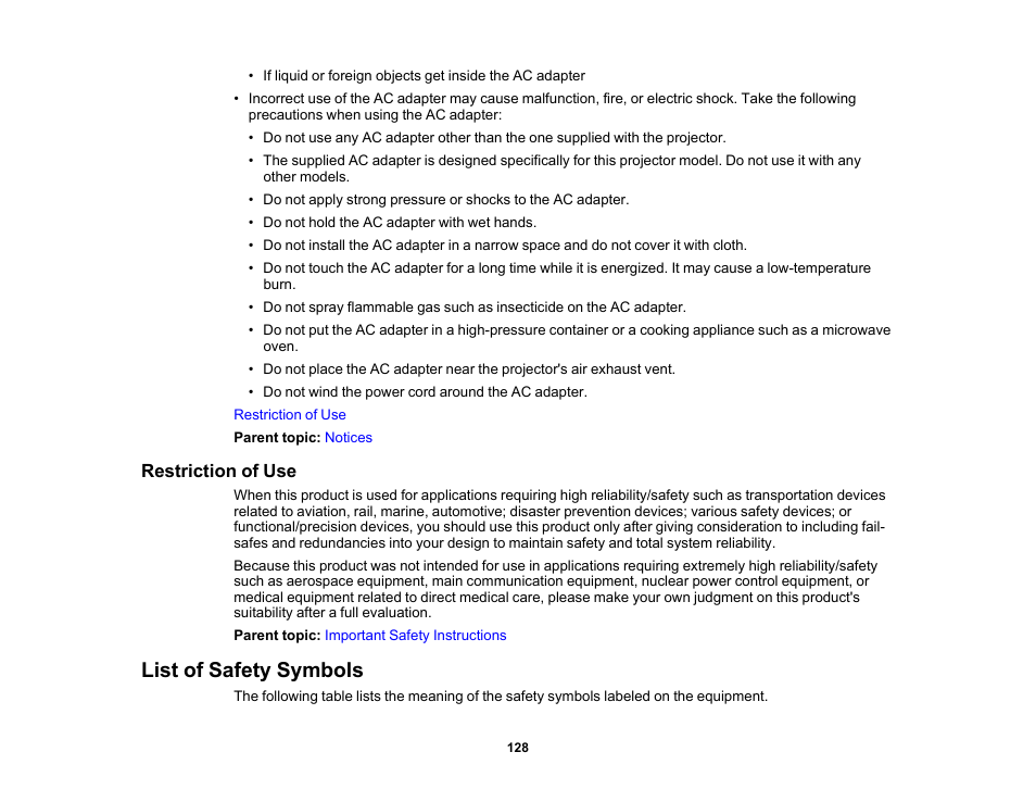 Restriction of use, List of safety symbols | Epson EpiqVision Mini EF11 1000-Lumen Full HD Laser 3LCD Projector User Manual | Page 128 / 138