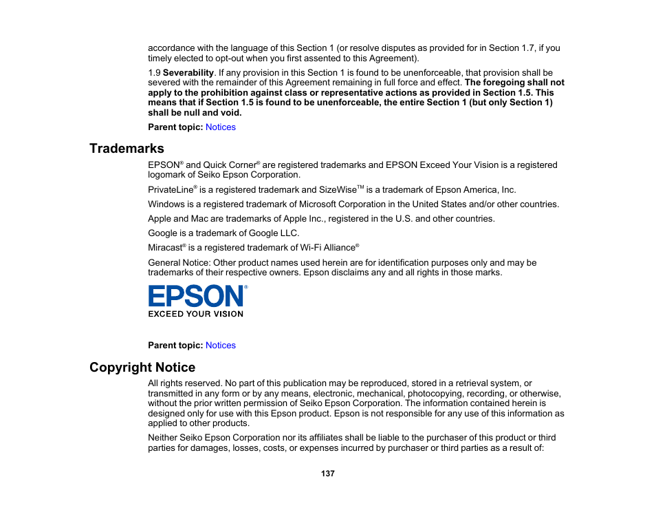 Trademarks, Copyright notice, Trademarks copyright notice | Epson EpiqVision Mini EF11 1000-Lumen Full HD Laser 3LCD Projector User Manual | Page 137 / 138