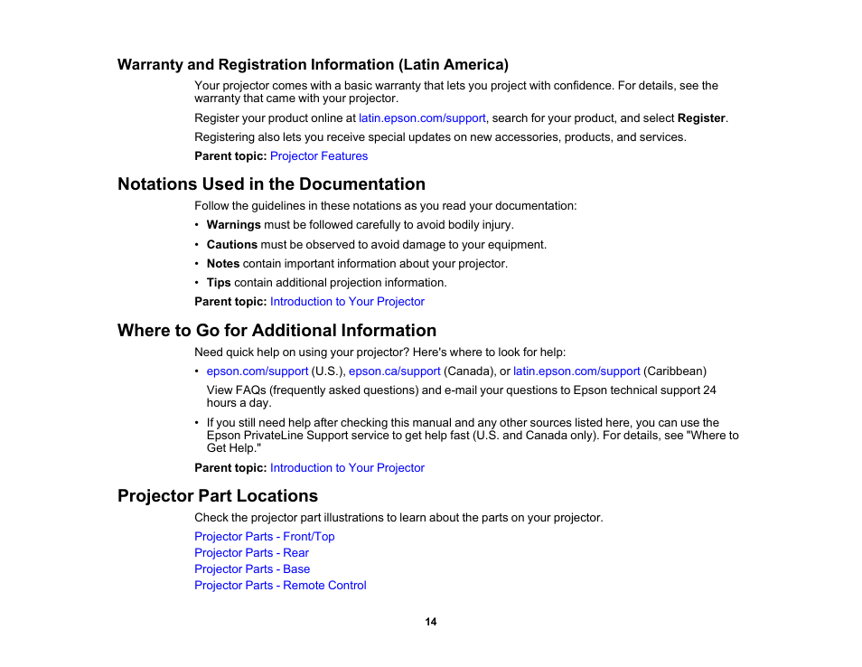 Notations used in the documentation, Where to go for additional information, Projector part locations | Epson EpiqVision Mini EF11 1000-Lumen Full HD Laser 3LCD Projector User Manual | Page 14 / 138