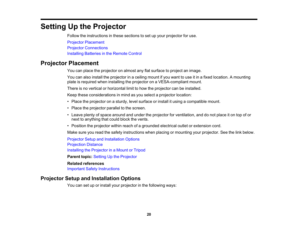 Setting up the projector, Projector placement, Projector setup and installation options | Epson EpiqVision Mini EF11 1000-Lumen Full HD Laser 3LCD Projector User Manual | Page 20 / 138