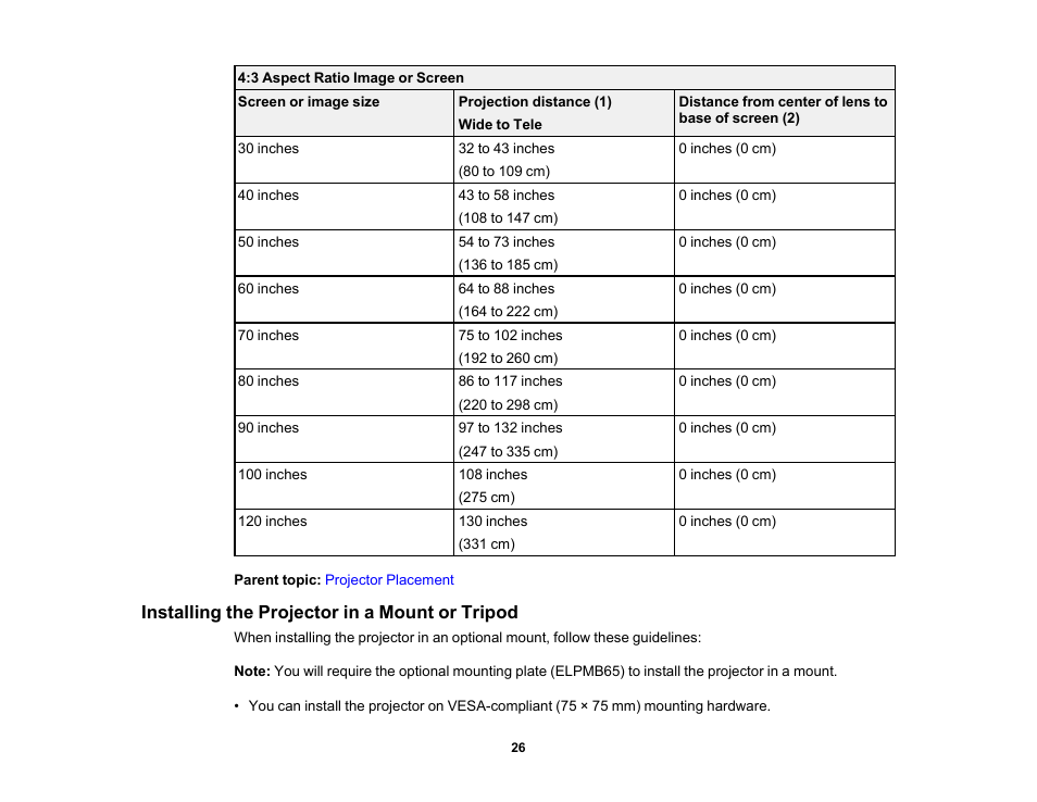 Installing the projector in a mount or tripod | Epson EpiqVision Mini EF11 1000-Lumen Full HD Laser 3LCD Projector User Manual | Page 26 / 138