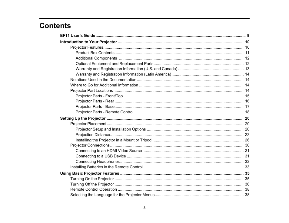 Epson EpiqVision Mini EF11 1000-Lumen Full HD Laser 3LCD Projector User Manual | Page 3 / 138