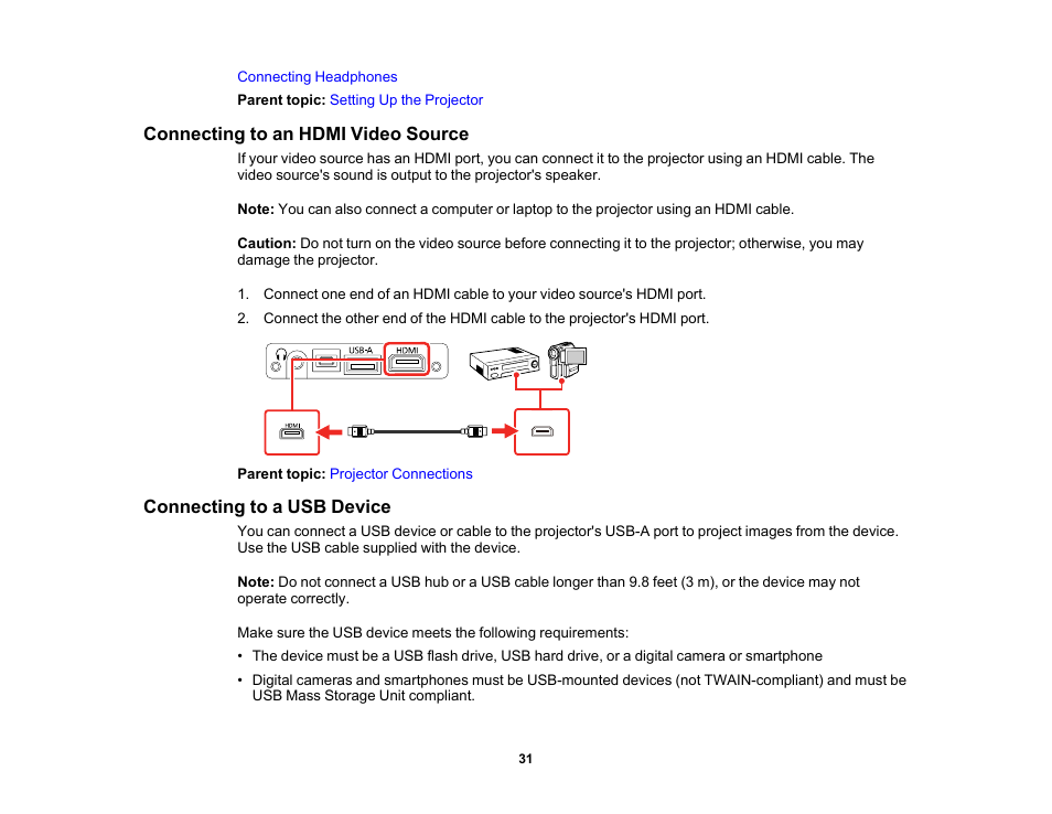 Connecting to an hdmi video source, Connecting to a usb device | Epson EpiqVision Mini EF11 1000-Lumen Full HD Laser 3LCD Projector User Manual | Page 31 / 138