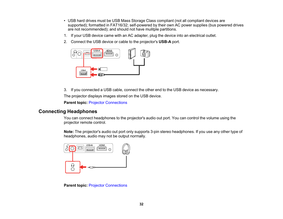 Connecting headphones | Epson EpiqVision Mini EF11 1000-Lumen Full HD Laser 3LCD Projector User Manual | Page 32 / 138
