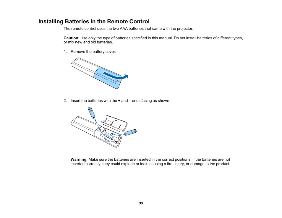Installing batteries in the remote control | Epson EpiqVision Mini EF11 1000-Lumen Full HD Laser 3LCD Projector User Manual | Page 33 / 138
