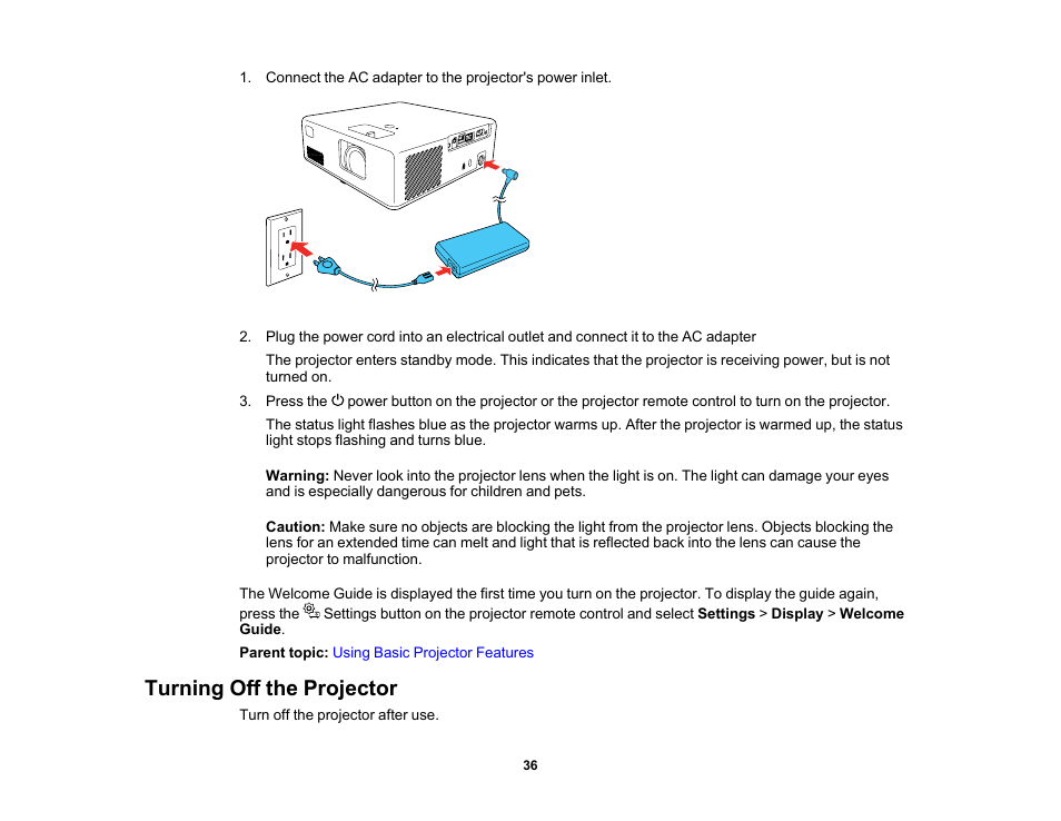 Turning off the projector | Epson EpiqVision Mini EF11 1000-Lumen Full HD Laser 3LCD Projector User Manual | Page 36 / 138