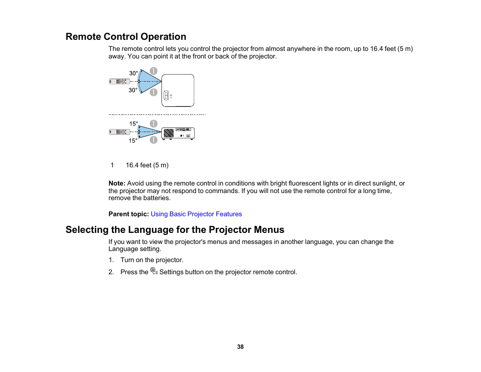 Remote control operation, Selecting the language for the projector menus | Epson EpiqVision Mini EF11 1000-Lumen Full HD Laser 3LCD Projector User Manual | Page 38 / 138