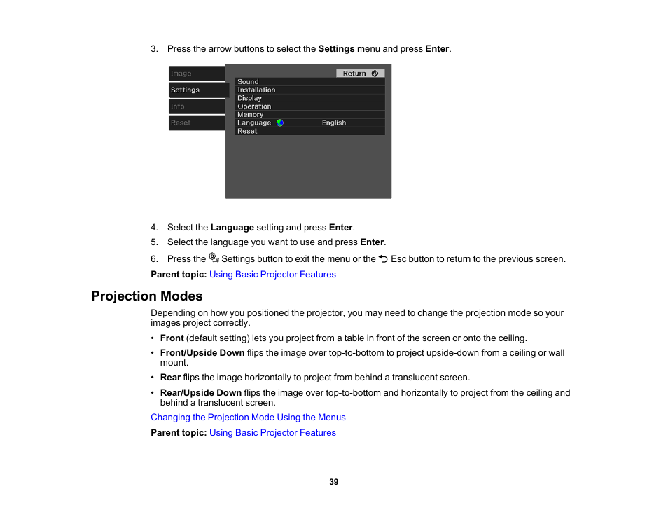 Projection modes | Epson EpiqVision Mini EF11 1000-Lumen Full HD Laser 3LCD Projector User Manual | Page 39 / 138
