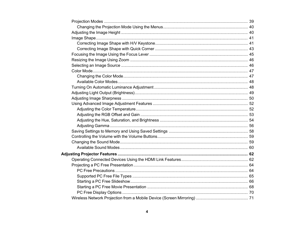 Epson EpiqVision Mini EF11 1000-Lumen Full HD Laser 3LCD Projector User Manual | Page 4 / 138