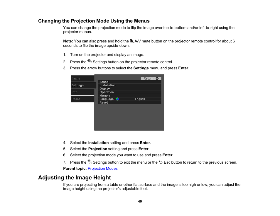 Changing the projection mode using the menus, Adjusting the image height | Epson EpiqVision Mini EF11 1000-Lumen Full HD Laser 3LCD Projector User Manual | Page 40 / 138