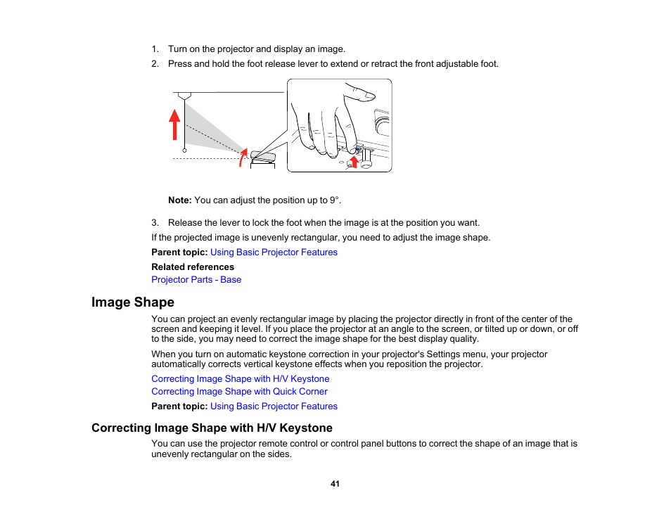 Image shape, Correcting image shape with h/v keystone | Epson EpiqVision Mini EF11 1000-Lumen Full HD Laser 3LCD Projector User Manual | Page 41 / 138
