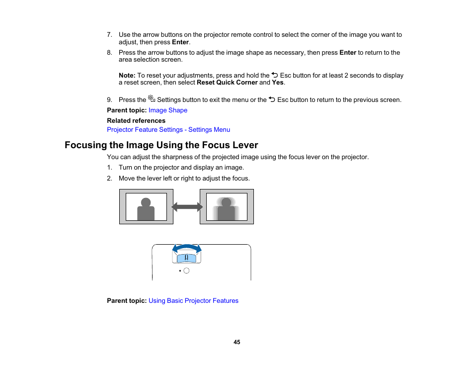 Focusing the image using the focus lever | Epson EpiqVision Mini EF11 1000-Lumen Full HD Laser 3LCD Projector User Manual | Page 45 / 138