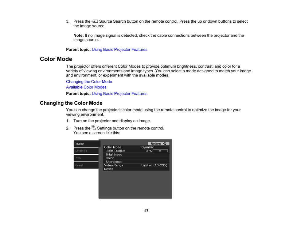 Color mode, Changing the color mode | Epson EpiqVision Mini EF11 1000-Lumen Full HD Laser 3LCD Projector User Manual | Page 47 / 138