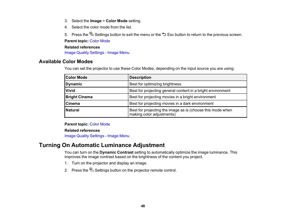Available color modes, Turning on automatic luminance adjustment | Epson EpiqVision Mini EF11 1000-Lumen Full HD Laser 3LCD Projector User Manual | Page 48 / 138