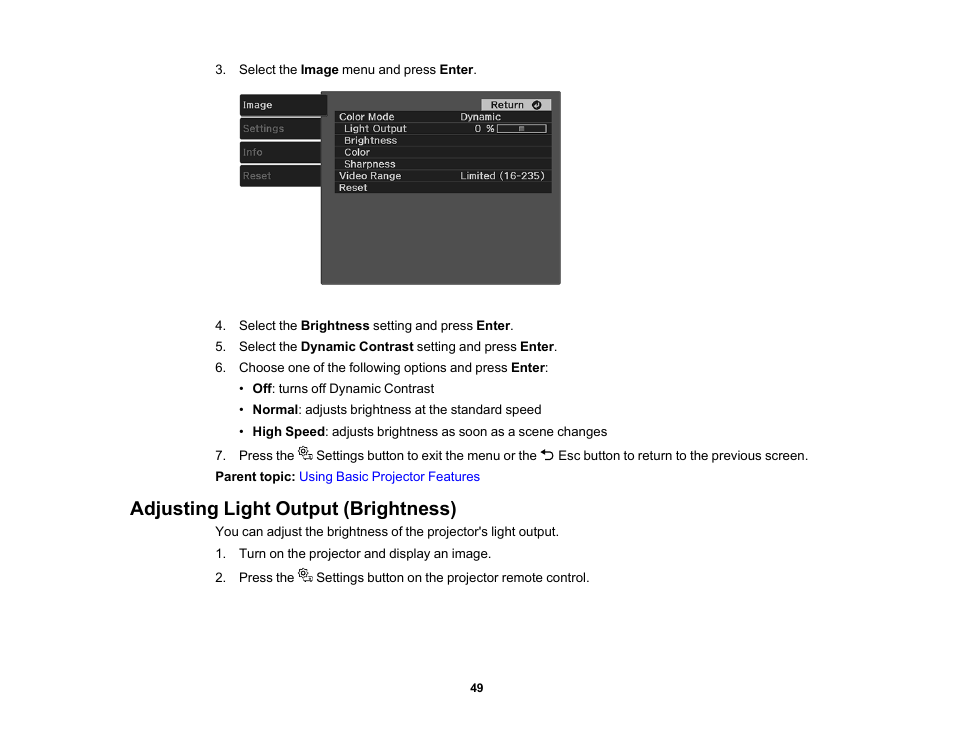 Adjusting light output (brightness) | Epson EpiqVision Mini EF11 1000-Lumen Full HD Laser 3LCD Projector User Manual | Page 49 / 138