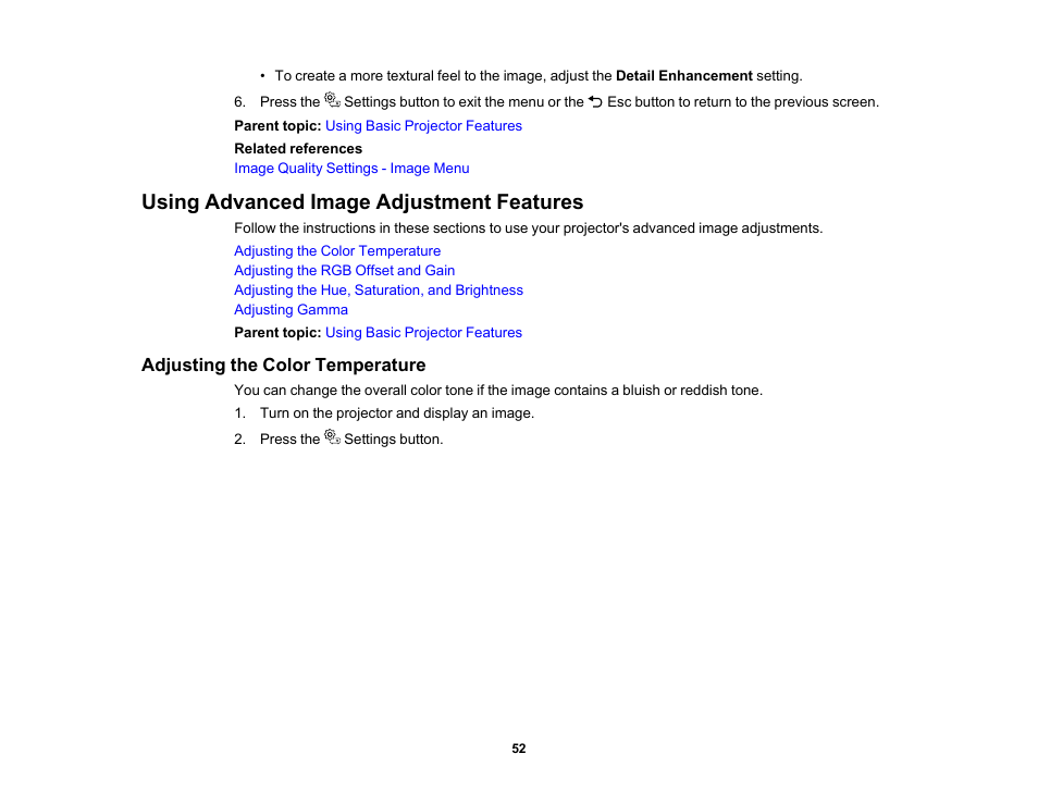 Using advanced image adjustment features, Adjusting the color temperature | Epson EpiqVision Mini EF11 1000-Lumen Full HD Laser 3LCD Projector User Manual | Page 52 / 138