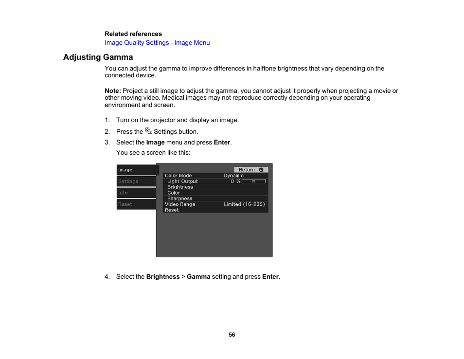 Adjusting gamma | Epson EpiqVision Mini EF11 1000-Lumen Full HD Laser 3LCD Projector User Manual | Page 56 / 138