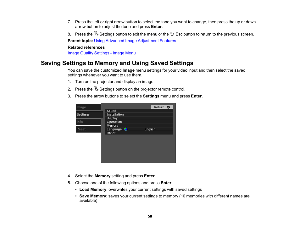 Saving settings to memory and using saved settings | Epson EpiqVision Mini EF11 1000-Lumen Full HD Laser 3LCD Projector User Manual | Page 58 / 138