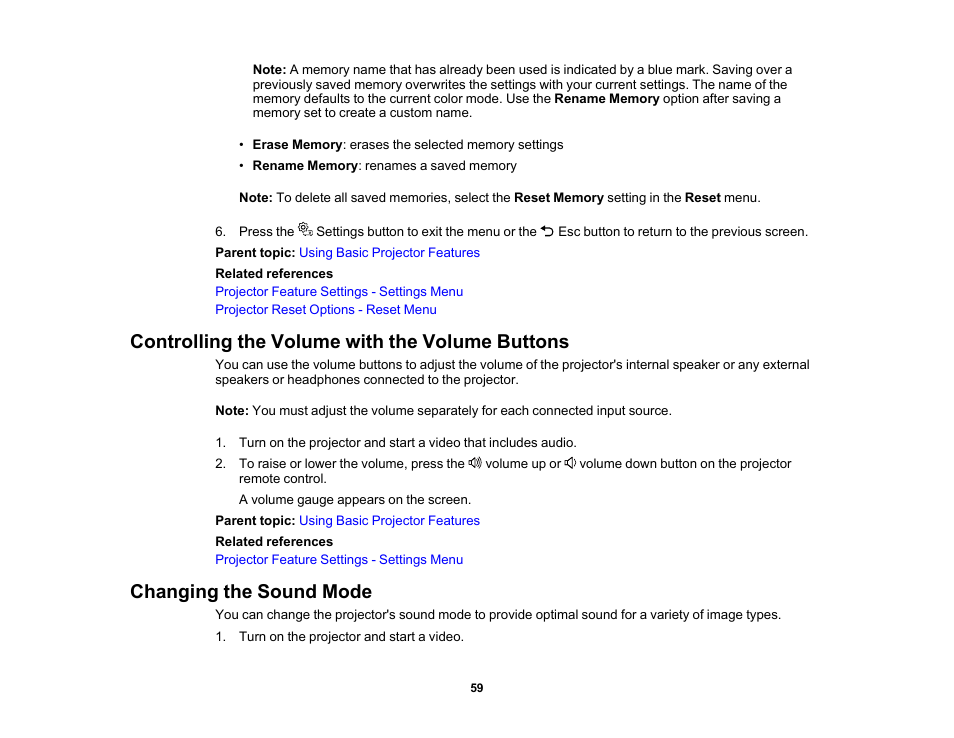 Controlling the volume with the volume buttons, Changing the sound mode | Epson EpiqVision Mini EF11 1000-Lumen Full HD Laser 3LCD Projector User Manual | Page 59 / 138