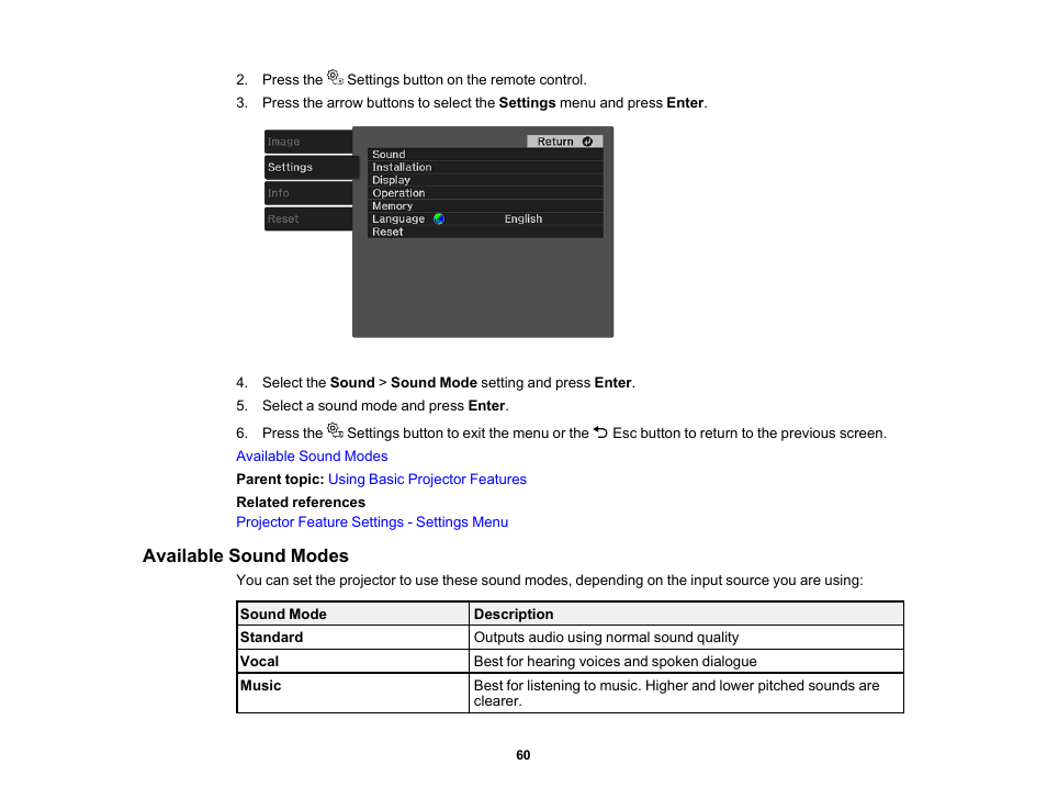 Available sound modes | Epson EpiqVision Mini EF11 1000-Lumen Full HD Laser 3LCD Projector User Manual | Page 60 / 138
