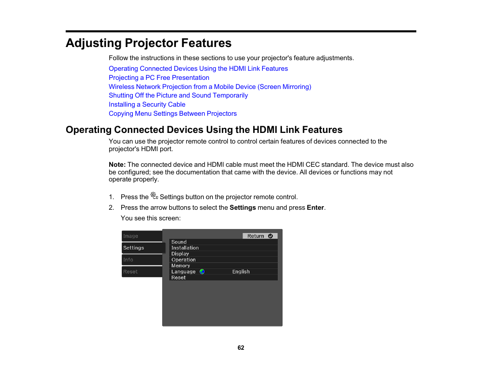 Adjusting projector features | Epson EpiqVision Mini EF11 1000-Lumen Full HD Laser 3LCD Projector User Manual | Page 62 / 138