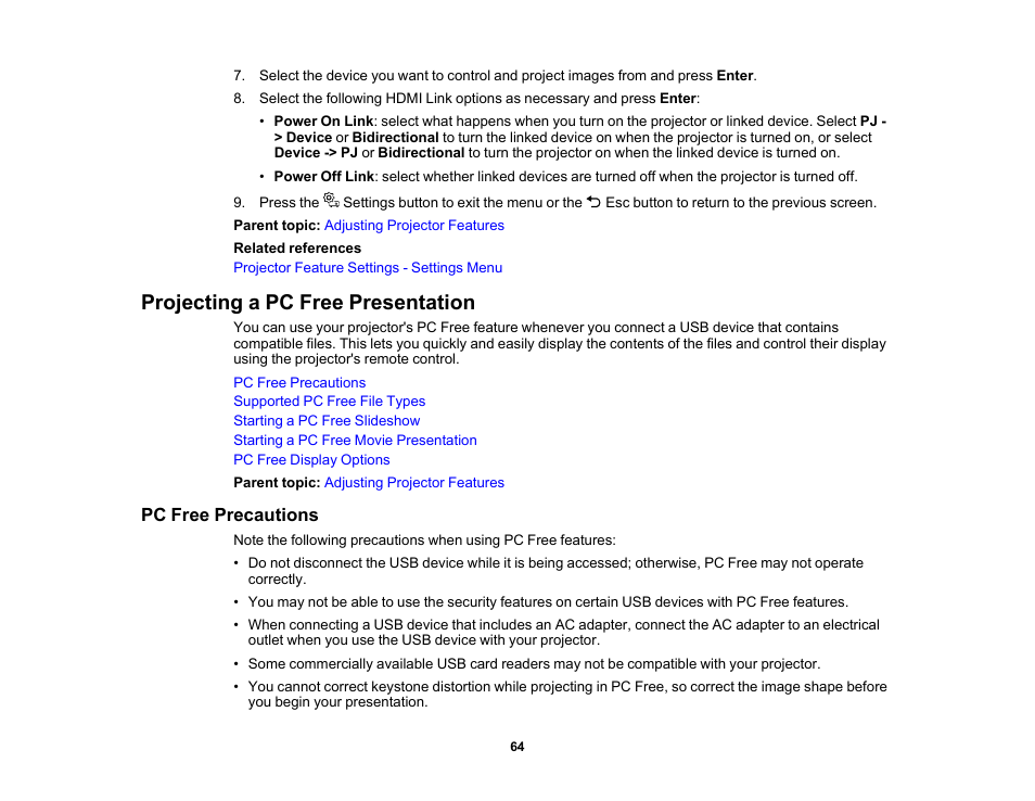 Projecting a pc free presentation, Pc free precautions | Epson EpiqVision Mini EF11 1000-Lumen Full HD Laser 3LCD Projector User Manual | Page 64 / 138