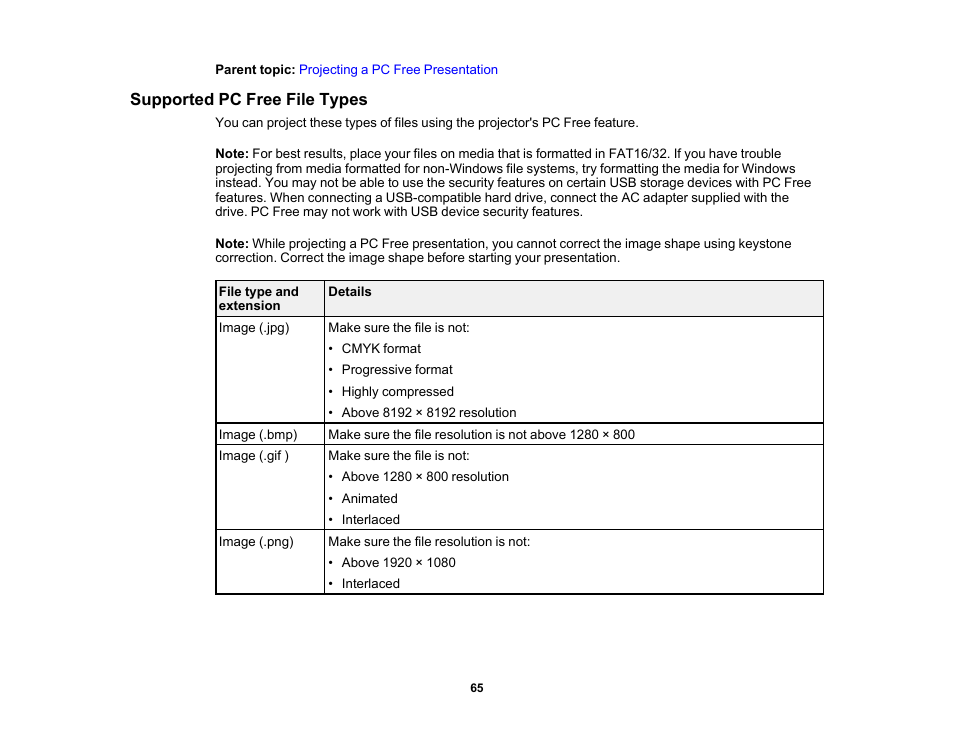 Supported pc free file types | Epson EpiqVision Mini EF11 1000-Lumen Full HD Laser 3LCD Projector User Manual | Page 65 / 138