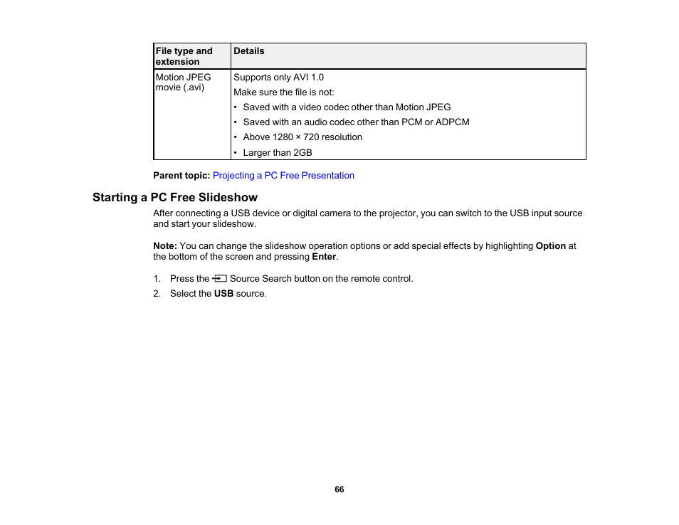 Starting a pc free slideshow | Epson EpiqVision Mini EF11 1000-Lumen Full HD Laser 3LCD Projector User Manual | Page 66 / 138