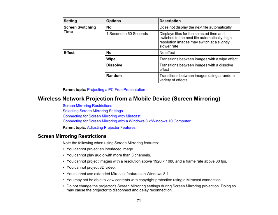 Screen mirroring restrictions | Epson EpiqVision Mini EF11 1000-Lumen Full HD Laser 3LCD Projector User Manual | Page 71 / 138