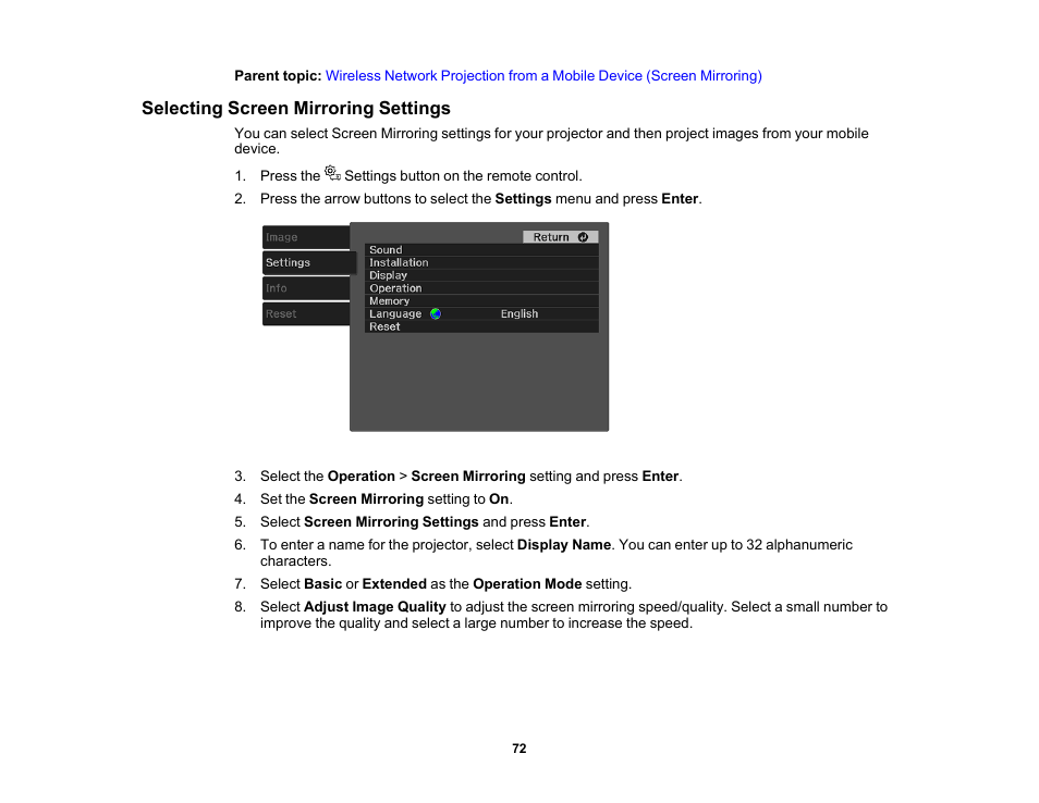 Selecting screen mirroring settings | Epson EpiqVision Mini EF11 1000-Lumen Full HD Laser 3LCD Projector User Manual | Page 72 / 138