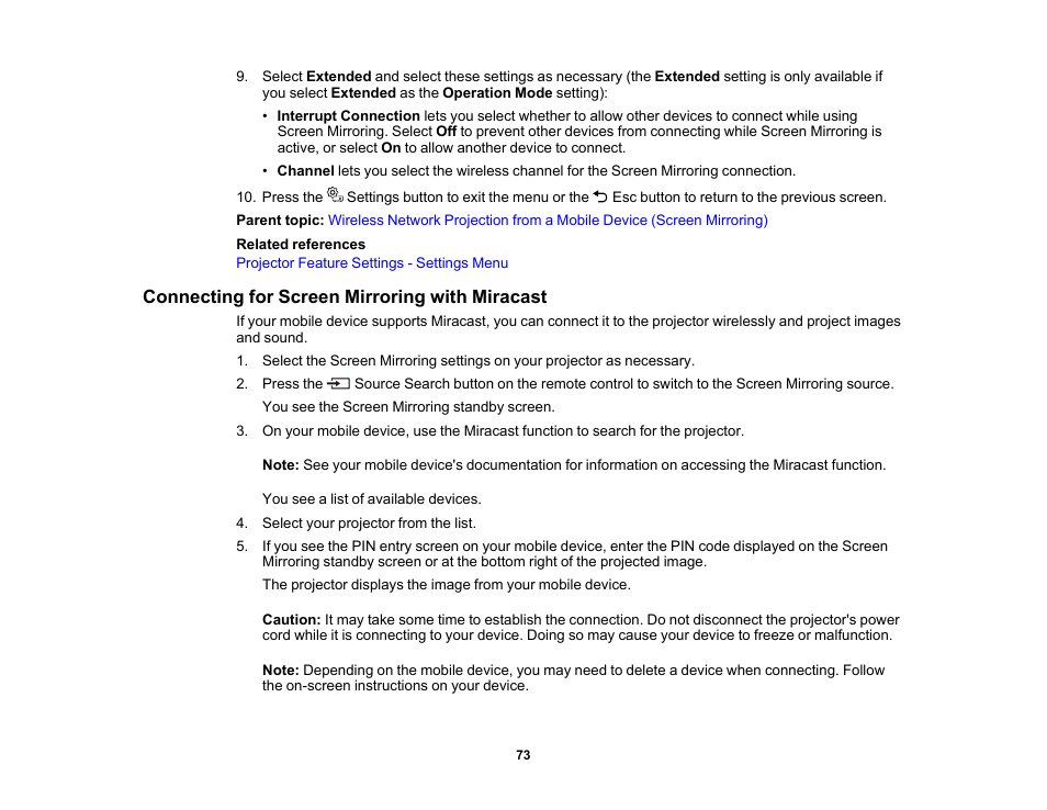 Connecting for screen mirroring with miracast | Epson EpiqVision Mini EF11 1000-Lumen Full HD Laser 3LCD Projector User Manual | Page 73 / 138