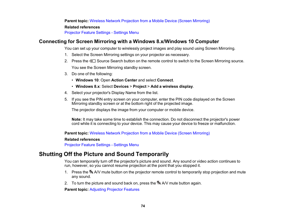 Shutting off the picture and sound temporarily | Epson EpiqVision Mini EF11 1000-Lumen Full HD Laser 3LCD Projector User Manual | Page 74 / 138