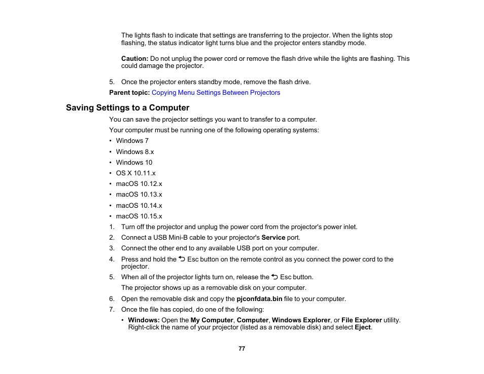 Saving settings to a computer | Epson EpiqVision Mini EF11 1000-Lumen Full HD Laser 3LCD Projector User Manual | Page 77 / 138
