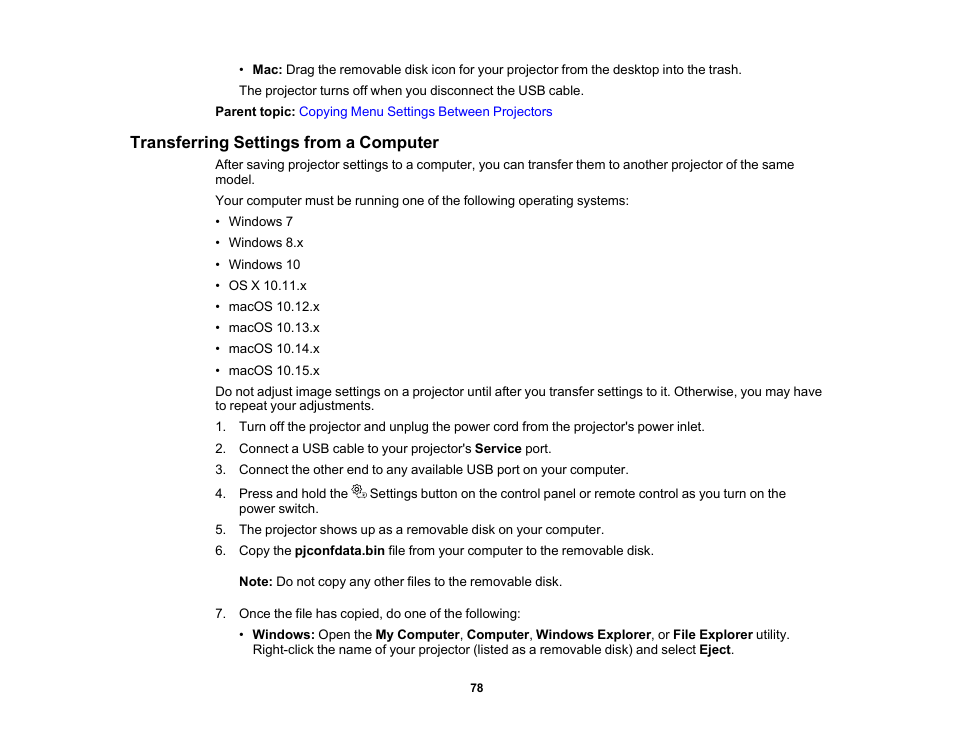 Transferring settings from a computer | Epson EpiqVision Mini EF11 1000-Lumen Full HD Laser 3LCD Projector User Manual | Page 78 / 138
