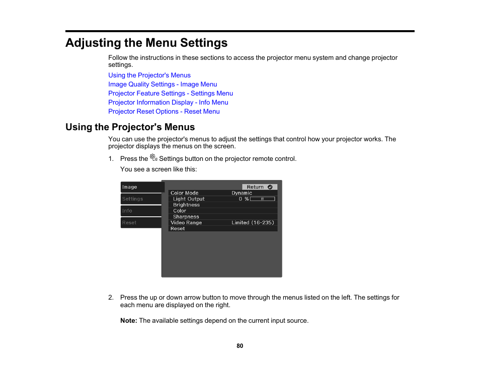Adjusting the menu settings, Using the projector's menus | Epson EpiqVision Mini EF11 1000-Lumen Full HD Laser 3LCD Projector User Manual | Page 80 / 138