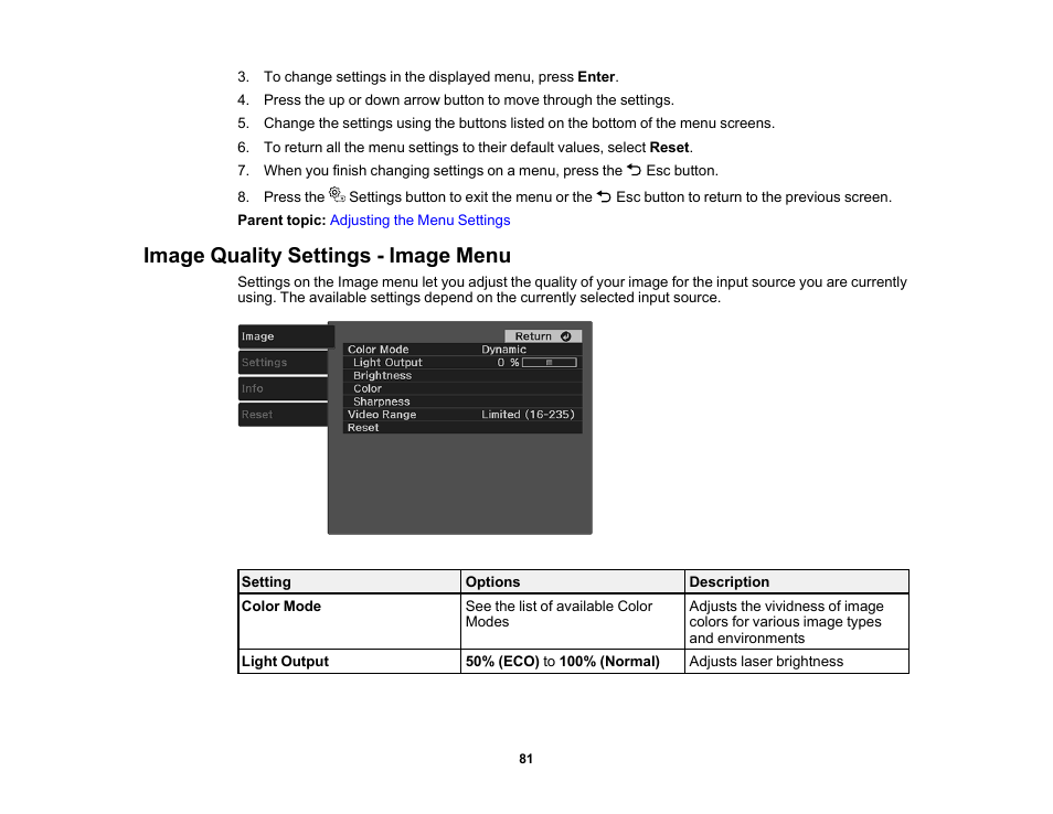 Image quality settings - image menu | Epson EpiqVision Mini EF11 1000-Lumen Full HD Laser 3LCD Projector User Manual | Page 81 / 138