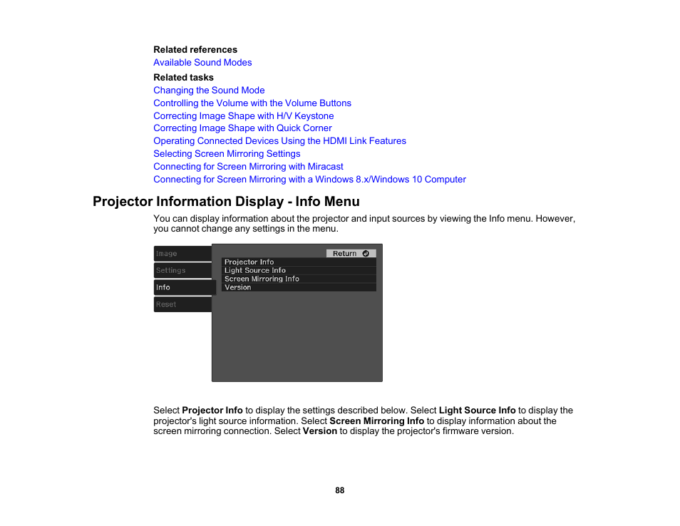 Projector information display - info menu | Epson EpiqVision Mini EF11 1000-Lumen Full HD Laser 3LCD Projector User Manual | Page 88 / 138