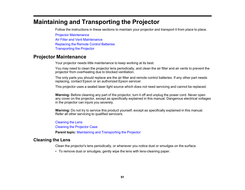 Maintaining and transporting the projector, Projector maintenance, Cleaning the lens | Epson EpiqVision Mini EF11 1000-Lumen Full HD Laser 3LCD Projector User Manual | Page 91 / 138