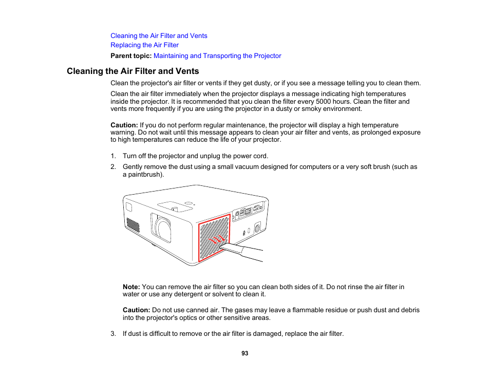 Cleaning the air filter and vents | Epson EpiqVision Mini EF11 1000-Lumen Full HD Laser 3LCD Projector User Manual | Page 93 / 138