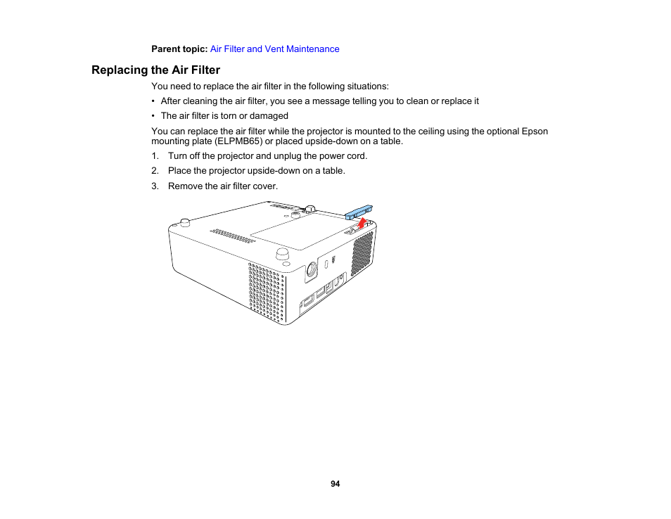 Replacing the air filter | Epson EpiqVision Mini EF11 1000-Lumen Full HD Laser 3LCD Projector User Manual | Page 94 / 138